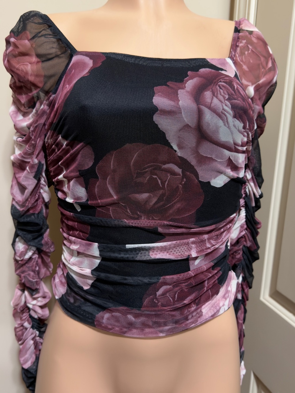 Lulu's Black Mesh Long-Sleeve Top with Mauve Rose Print